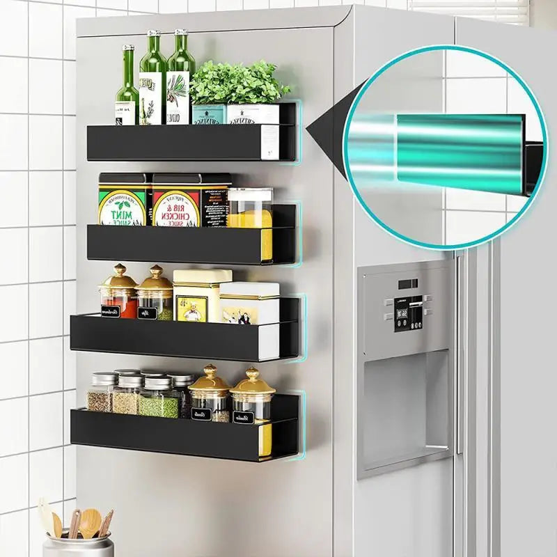 Magnetic Refrigerator Shelf & Spice Rack – Space-Saving Kitchen Organizer with Hanging Basket