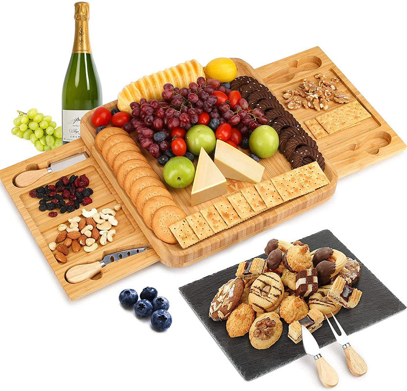 Premium Bamboo Cheese Board and Knife Set – VIKUS Charcuterie Platter with Slate and Stainless Steel Cutlery