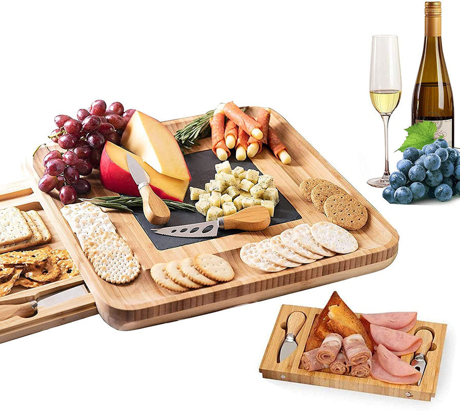 Premium Bamboo Cheese Board and Knife Set – VIKUS Charcuterie Platter with Slate and Stainless Steel Cutlery
