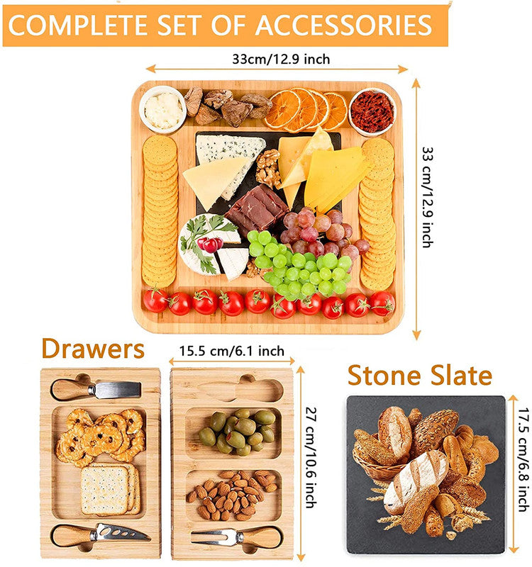 Premium Bamboo Cheese Board and Knife Set – VIKUS Charcuterie Platter with Slate and Stainless Steel Cutlery