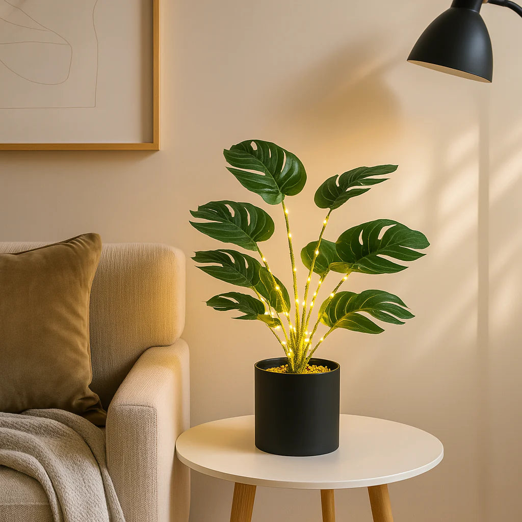 Monstera Simulation Plant with Fairy Lights – Lifelike Potted Greenery for Cozy Home Décor