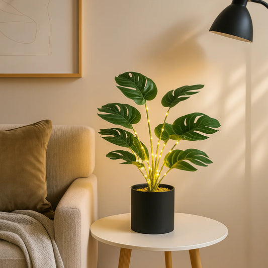 Monstera Simulation Plant with Fairy Lights – Lifelike Potted Greenery for Cozy Home Décor