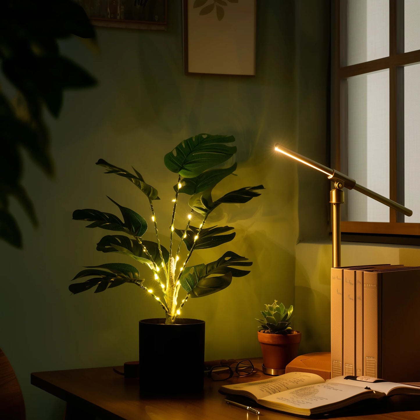 Monstera Simulation Plant with Fairy Lights – Lifelike Potted Greenery for Cozy Home Décor